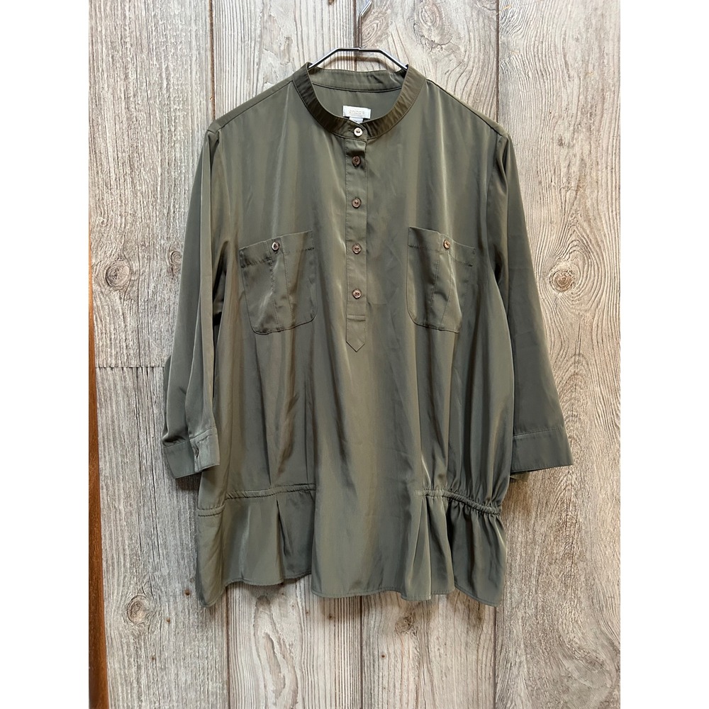 Chicos Olive Green Utility Blouse Size 3 XL 3/4 Sleeve Peplum Hem Pullover Top - Picture 2 of 6